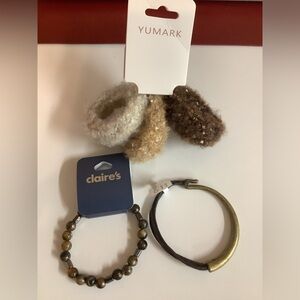 Icing & Claire’s Gold-Toned Bracelet Cord, Brown Beaded Bracelet, Hair Ties.